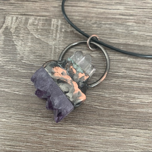 Tri-Quartz Point & Amethyst Copper Wrapped Necklace - Picture 4 of 9